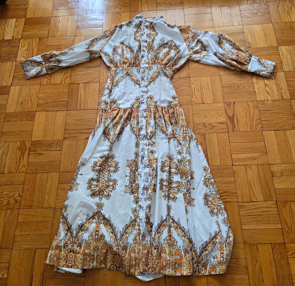 Vintage Women's White & Gold Paisley Print Long Sleeve Cottage Core Dress Sz S